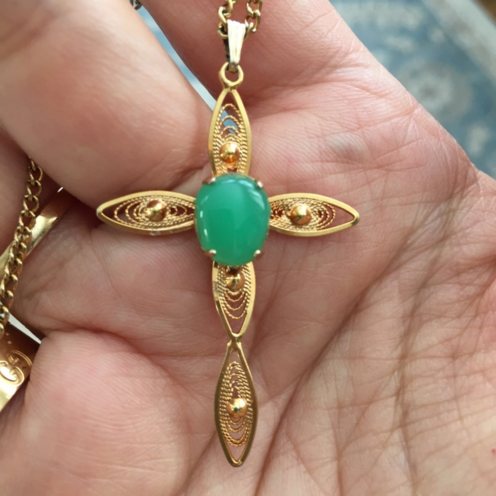 Natural chrysoprase 12K gold filled filigree cross pendant